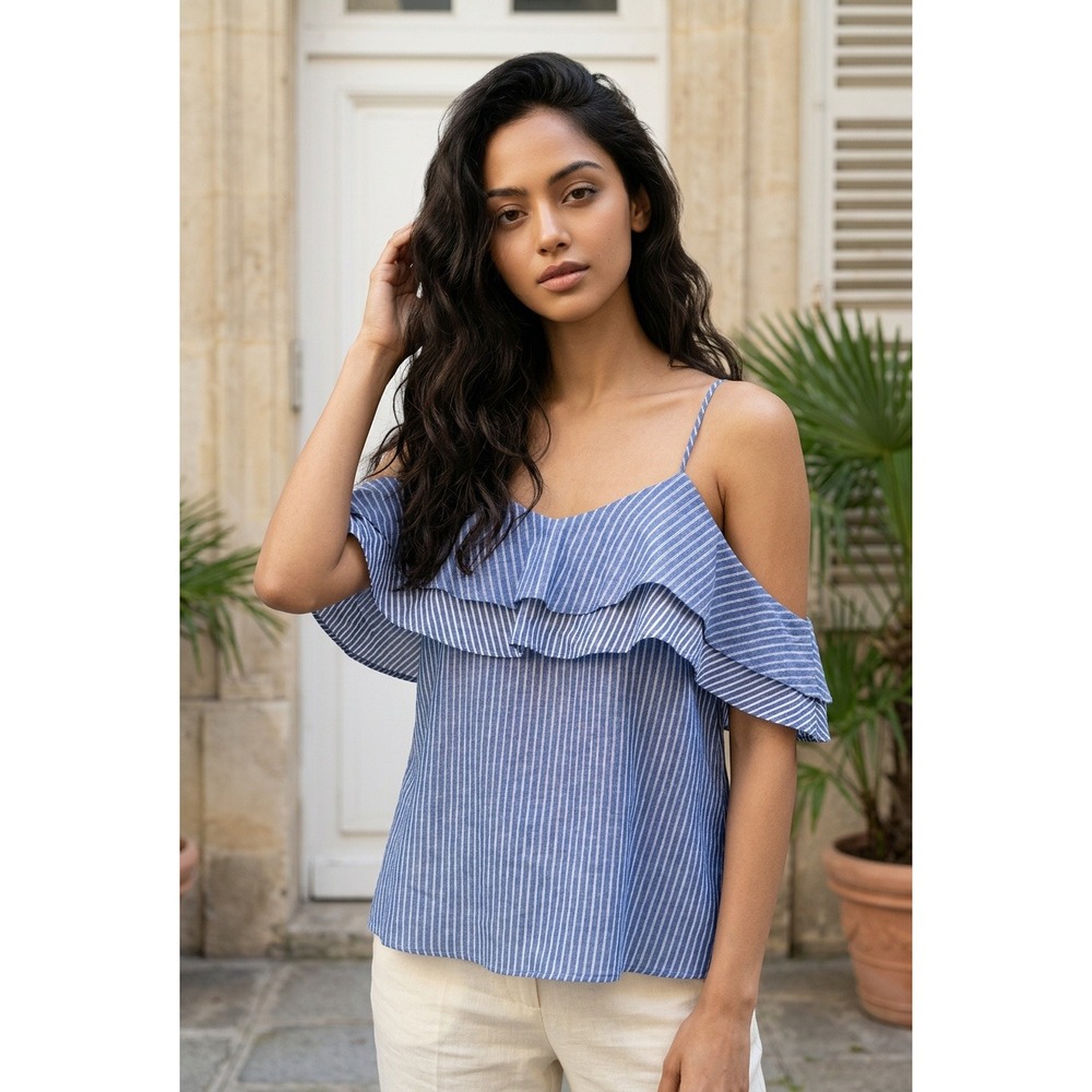 A New Day Blue White Striped Cold Shoulder Ruffle Camisole Top Med Coastal Beach